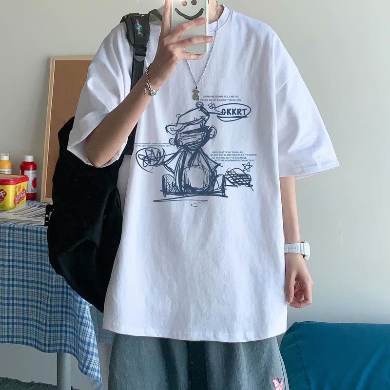 木偶印花短袖T恤男寬鬆休閒潮流
