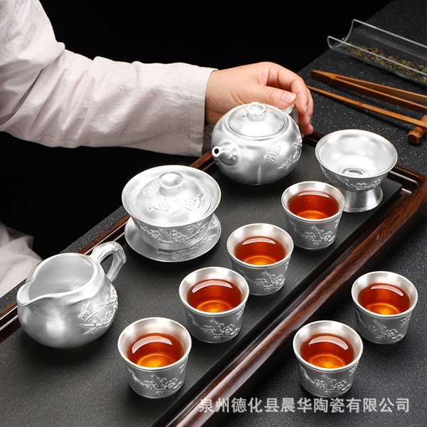 鎏银999茶具套装梅花茶具手工银陶瓷功夫茶具整套茶壶茶杯6人礼盒