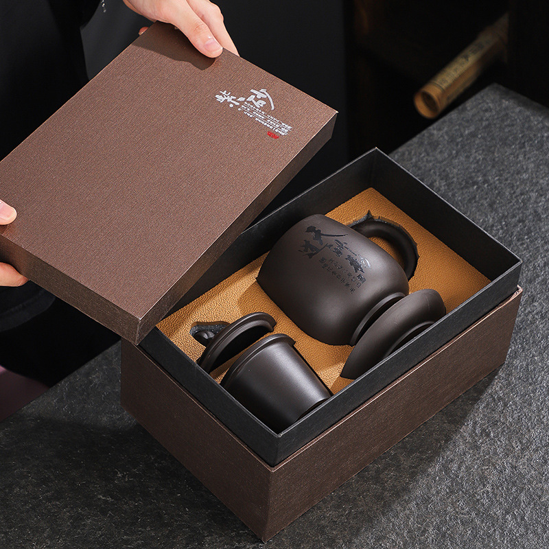 紫砂水杯办公杯茶杯礼盒装茶水分离带盖过滤茶具商务伴手礼品批发