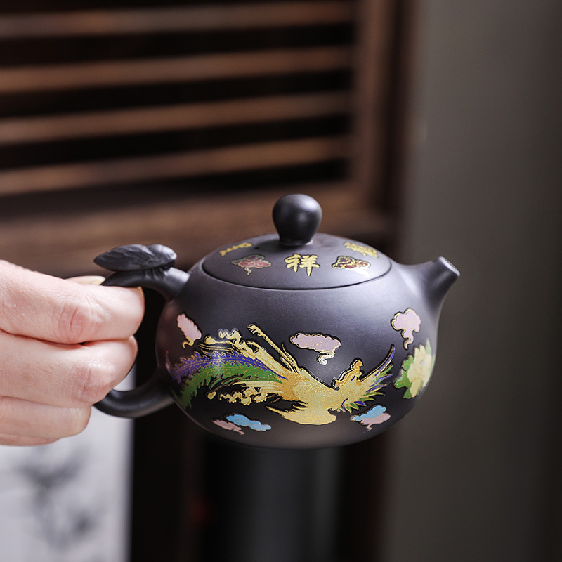 遇热变色紫砂壶原矿朱泥西施壶功夫茶具家用手绘泡茶壶凤鸣壶防烫