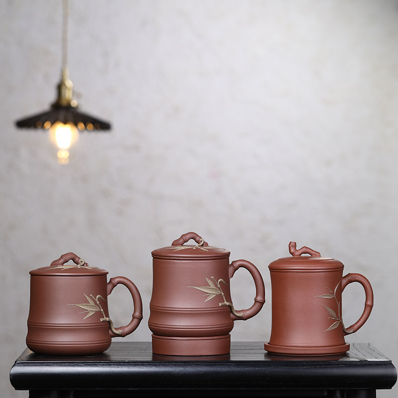 宜兴紫砂异色竹节盖杯礼盒批发茶水分离办公杯家用紫泥男士水杯