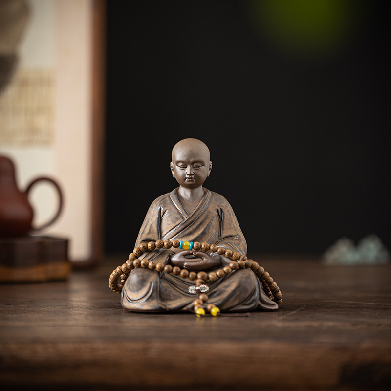 禅意紫砂小和尚摆件家居复古茶室茶台桌面茶宠茶空间装饰造像摆件