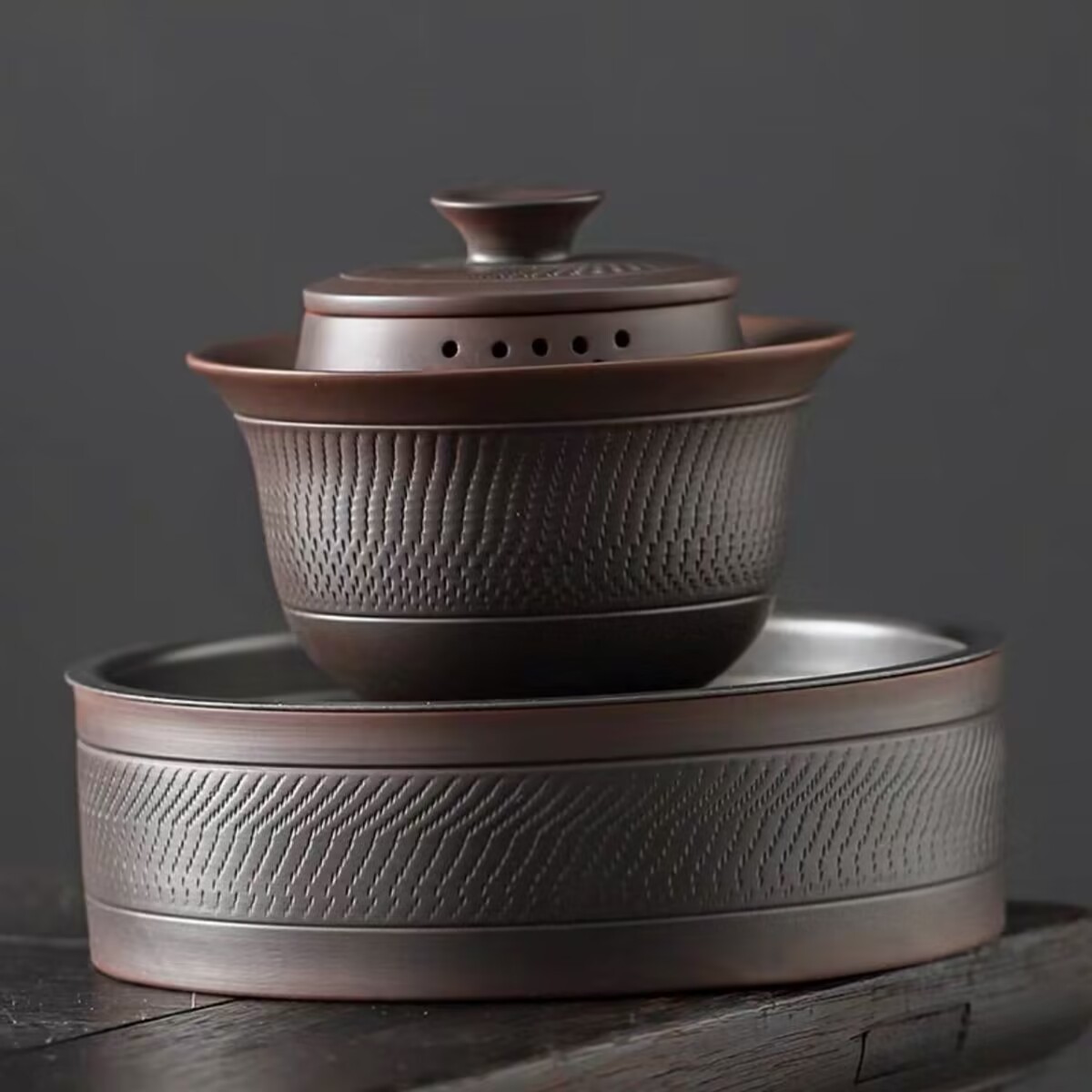 紫陶高档三才盖碗泡茶碗茶杯紫砂功夫茶具家用半手工壶承防烫日式