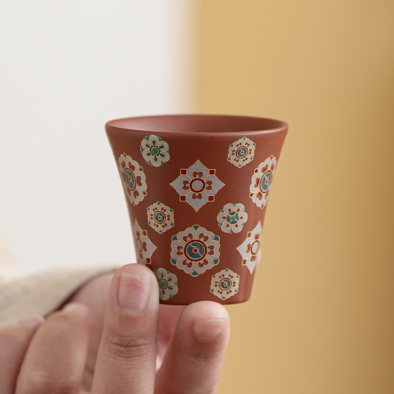 原矿朱泥紫砂主人杯功夫茶具单个喝茶茶杯家用客厅茶几品茗杯繁花