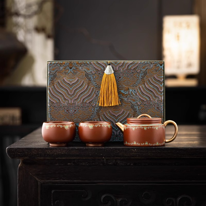 敦煌宝相花陈国再大师一壶两杯朱泥紫砂茶壶家用送礼西施壶中式