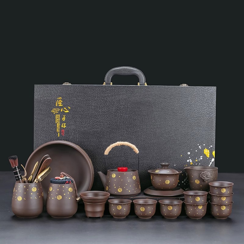 描金紫砂提梁壶功夫茶具高档礼盒泡茶专用茶具套装复古整套泡茶器