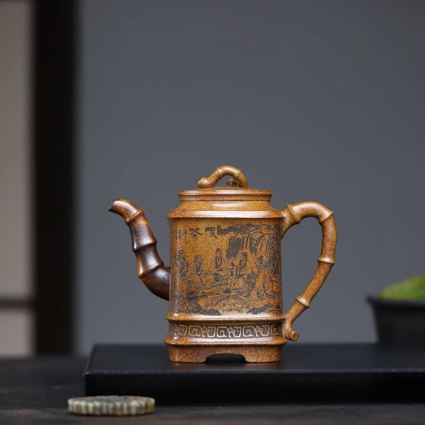 竹林七贤陈红手工紫砂壶宜兴原矿龙骨金砂四方竹节壶功夫茶具柴烧