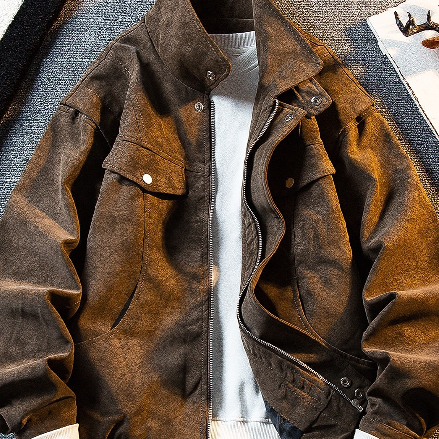 美式复古立領麂皮外套男春