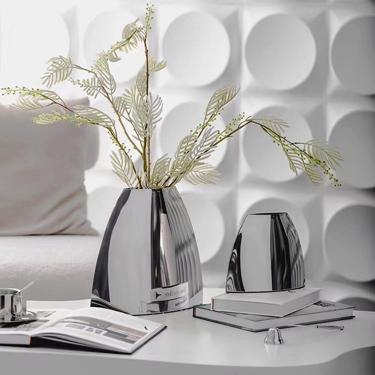 现代极简轻奢不锈钢插花器摆件家居客厅电视柜桌面花瓶几何形状