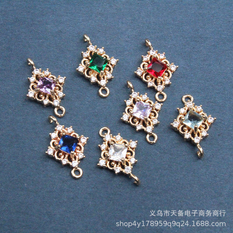 铜镀金菱形复古风微镶锆石双吊手链项链耳环制作材料diy饰品配件