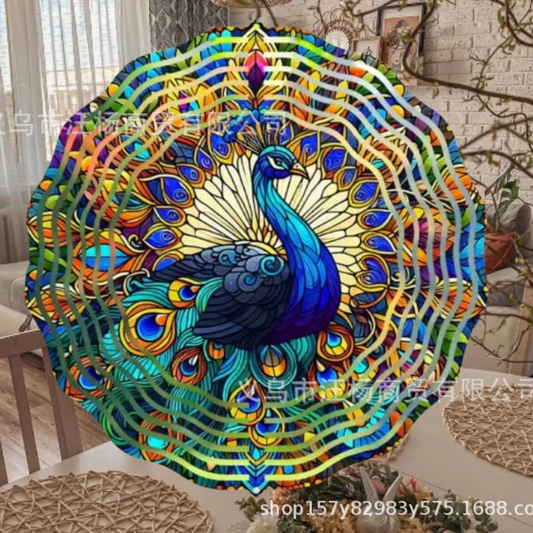 跨境风力旋转器3D动态旋转猫头鹰风铃装饰风旋器不锈钢风车挂件