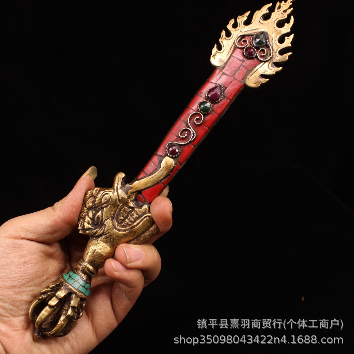 批发藏传仿古纯手工制作 纯铜镶松石镶宝石文殊剑 文殊法器 摆件